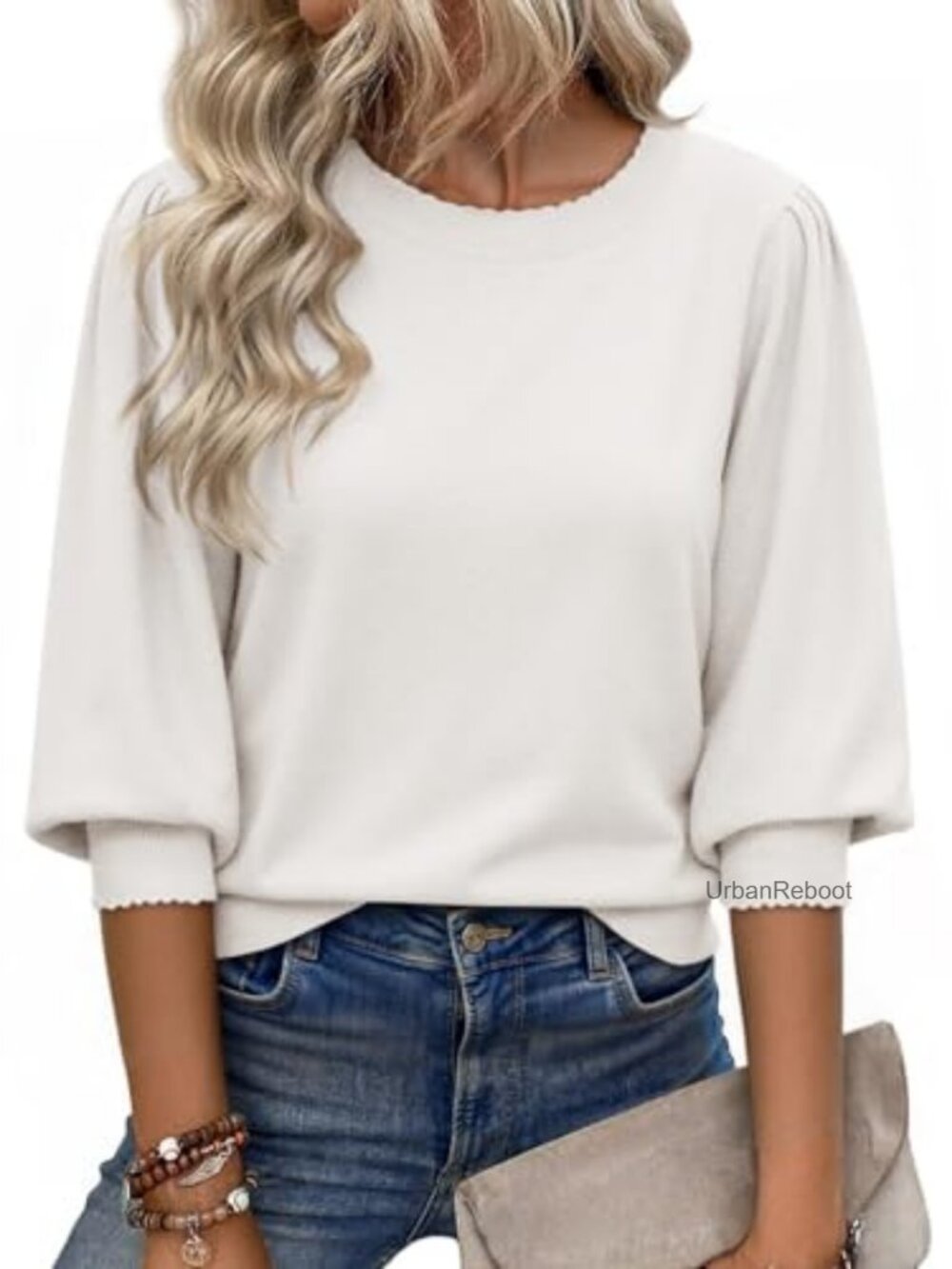 Women's 3/4 Puff Sleeve Knit Pullover Sweater Lightweight Casual Scallop Trim